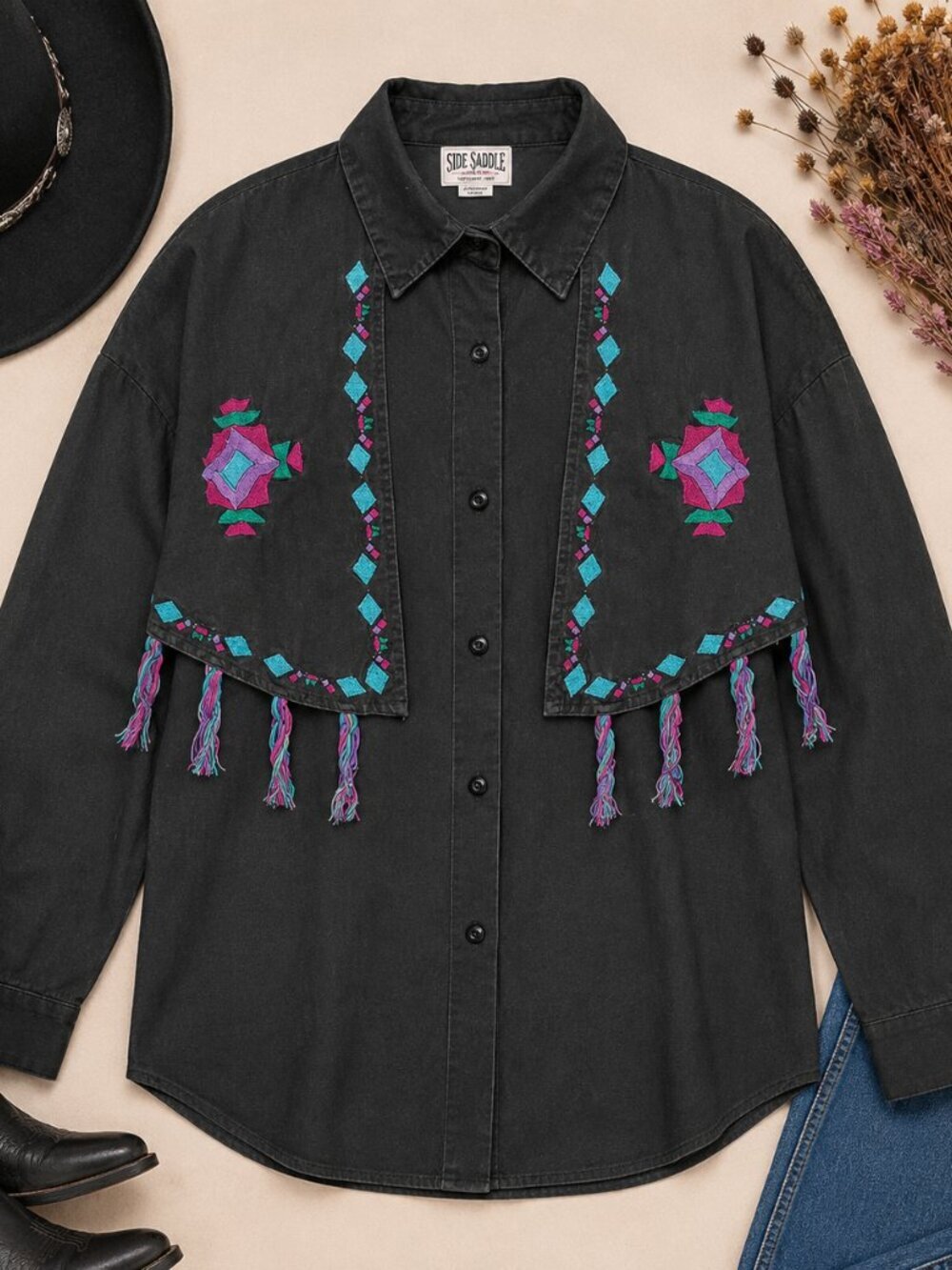 Vintage Side Saddle Southwestern Fringe Shirt Western Cowgirl XL